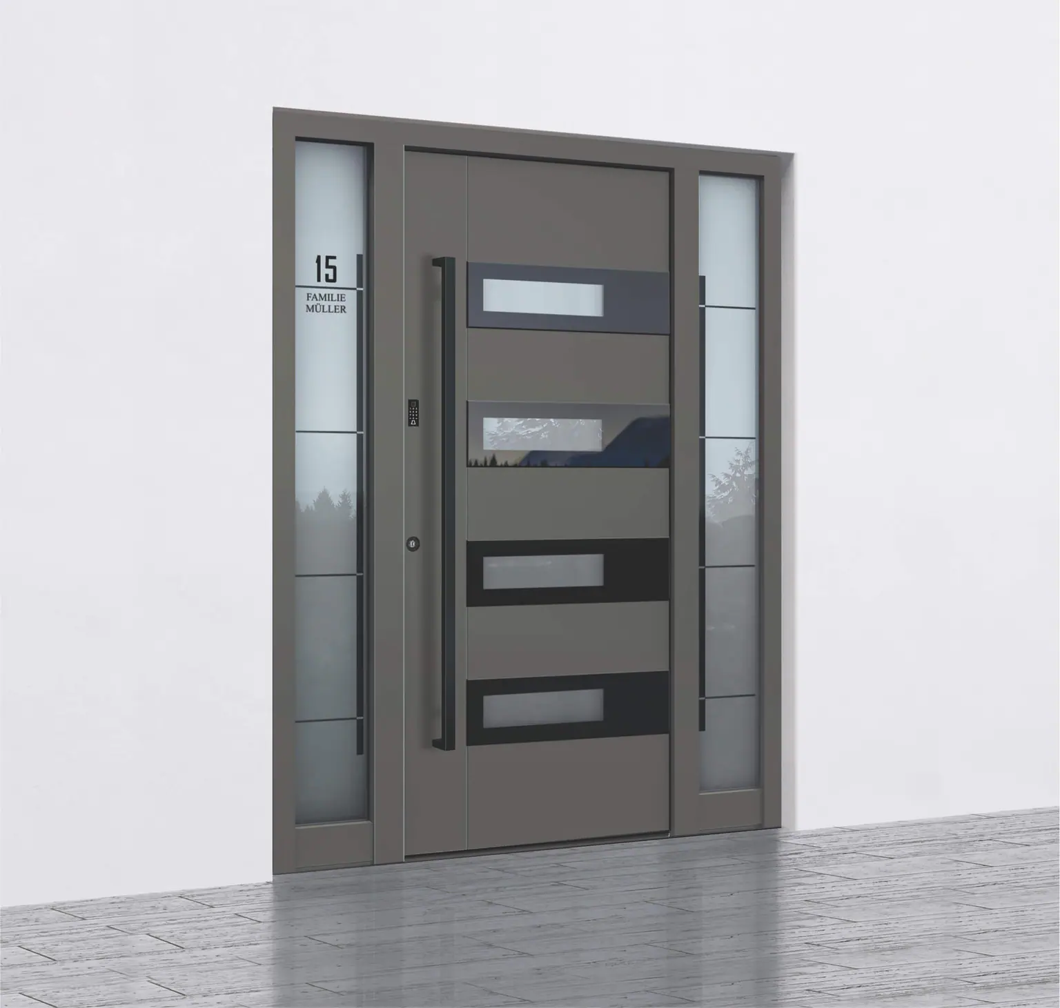 Vhodna vrata Inotherm AAE 1172 v fasadi – tri stekleni vložki