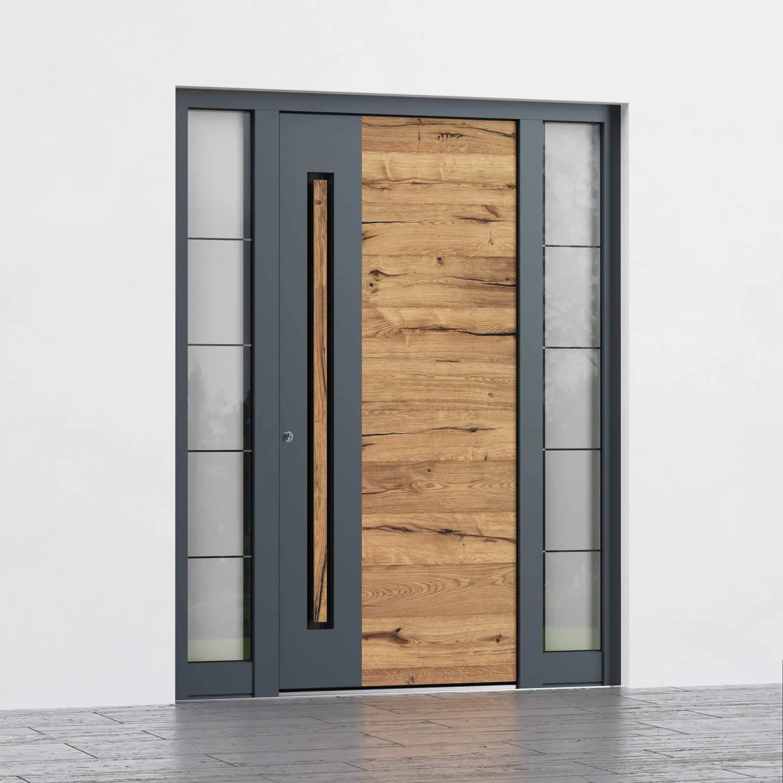 Vhodna vrata Inotherm AGE 1064 v fasadi – RAL 7016 in les